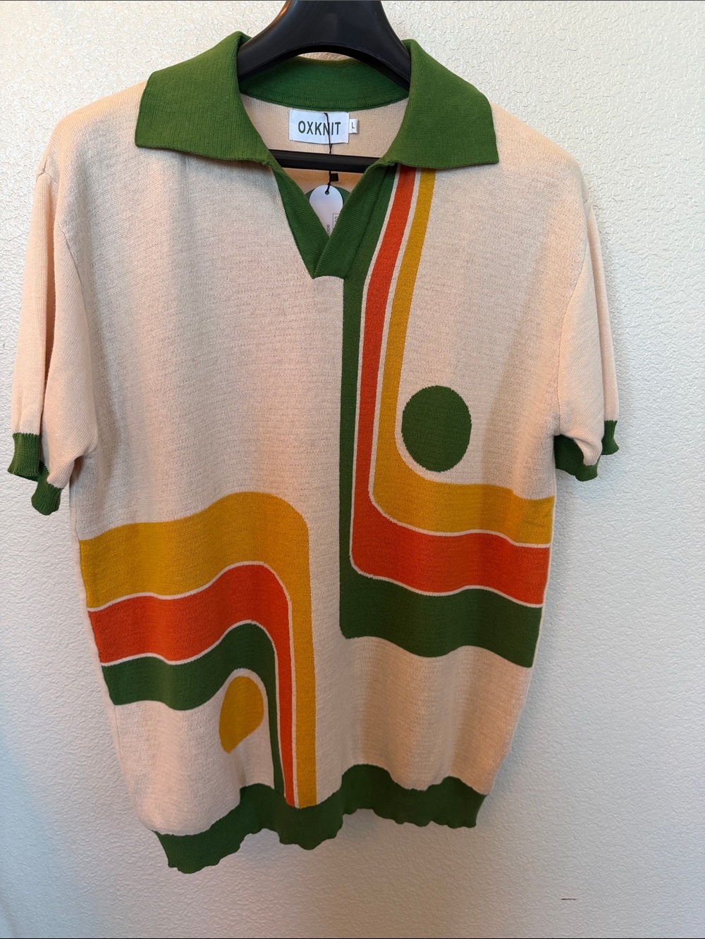 OXKNIT Retro Stripe Collared Knit Polo in Cream & Green - Picture 2 of 6